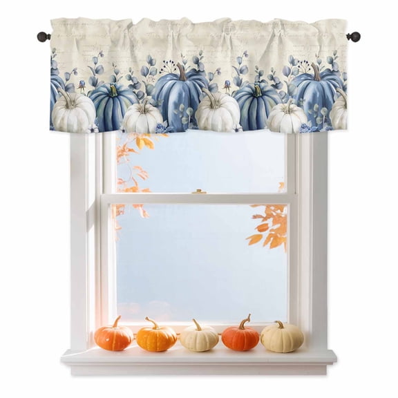 Blue White Valances for Windows, 54 x 18in, Fall Pumpkins Thanksgiving Eucalyptus Leaves Beige Rod Pocket Kitchen Valance Curtain Light Filtering Window Treatments for Living Room Bedroom, 1 Panel