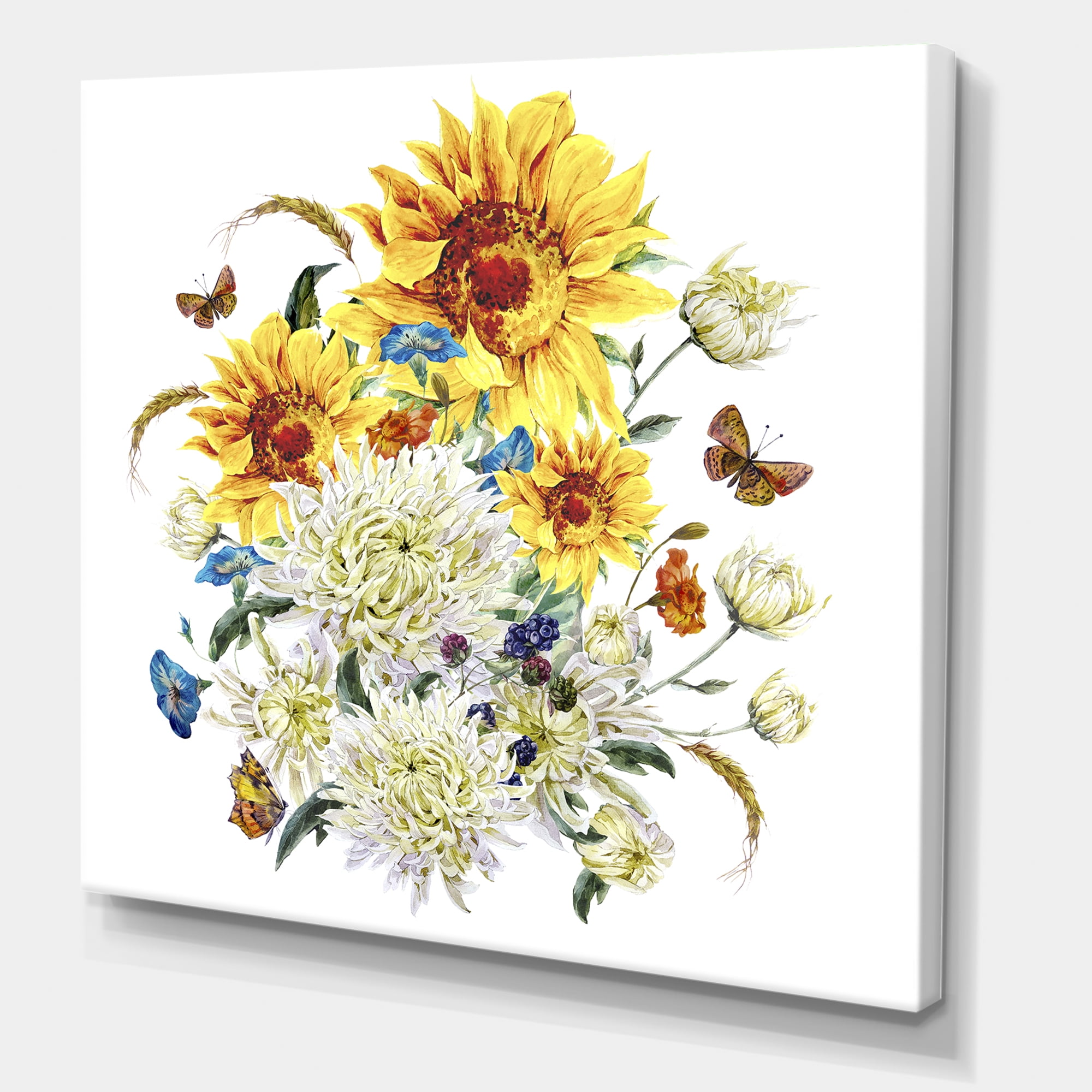 Designart ' Ancient Chrysanthemums and Sunflowers ' Traditional Canvas Wall Art Print