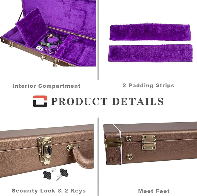 Crossrock Designer Series- Wooden Case for Jazzmaster/Jaguar Style Electric Guitars- Security Lock, Metal Feet, Storage Space- Chocolate Brown