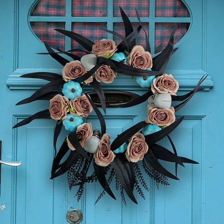 

Fall Deals! Skeleton Wreath Halloween Door Decor Artificial Wreath Orange Black Trim Spooky Wreath for Front Door Entryway Living Room