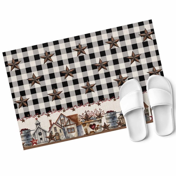 Black White Door Mat Buffalo Plaid Country Star Barn Barrel Farmhouse Non Slip Absorbent Entrance Mat Washable Low Profile Indoor Doormat for Front Door Entryway Entry 20"x31"