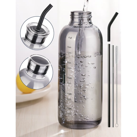 NiHome Glass Water Bottle 25oz/750ml with Two Caps, Stainless-Steel Straw, Brush and Silicone Cover, High Borosilicate Glass for Hot & Cold Beverages, Leak-Proof for Travel, Gym, Office (Smoky Gray)