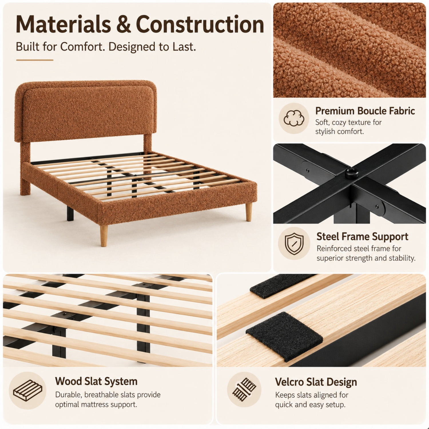 Miniyam Full Size Boucle Upholstered Platform Bed Frame with Adjustable Headboard and Wood Slat Support, Brown