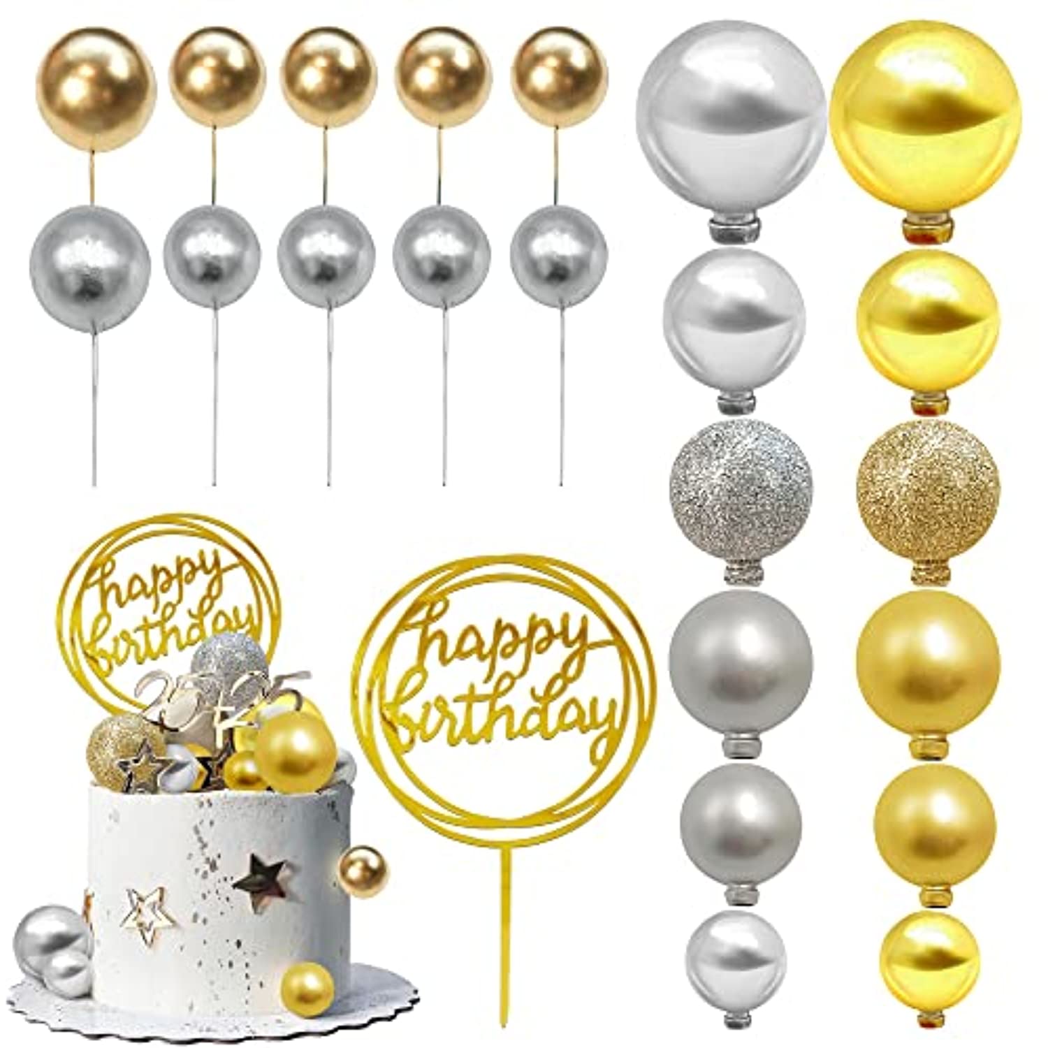 27 Pcs Gold Silver Balls Cake Topper Happy Birthday Cake Topper Diy