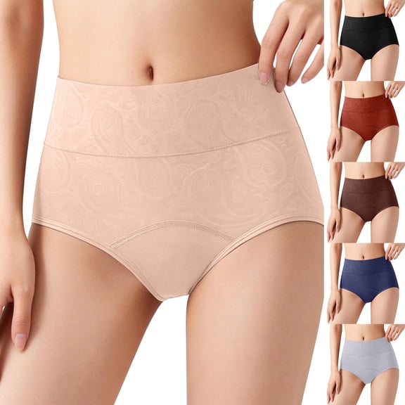 Siminsem Women’s High Waisted 3 Layer Leakproof Period Panties Extended Absorption Underwear Full Coverage Briefs with Textured Pattern Postpartum Menstrual Cotton Briefs S-5XL, Beige,L