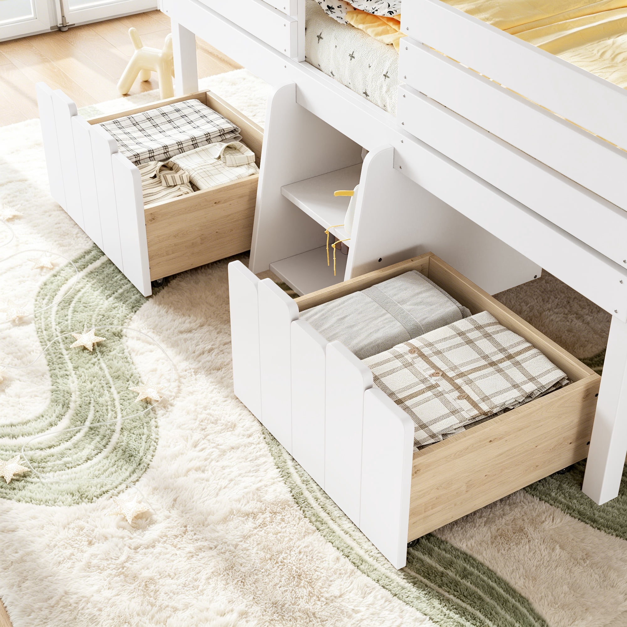 Leumius Twin House Loft Bed with Cute Stairs and 2 Storage Drawers, Farmhouse Low Loft Bed with House Shaped Roof, Childlike and No Box Spring Needed Design White