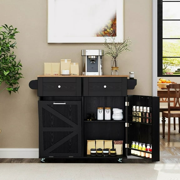 Auranook Rolling Kitchen Island with Drop Leaf, Kitchen Cart with Tilt Out Trash Can Cabinet, 2 Drawers, Storage Cabinet, Towel & Spice Rack, Mobile Island Table
