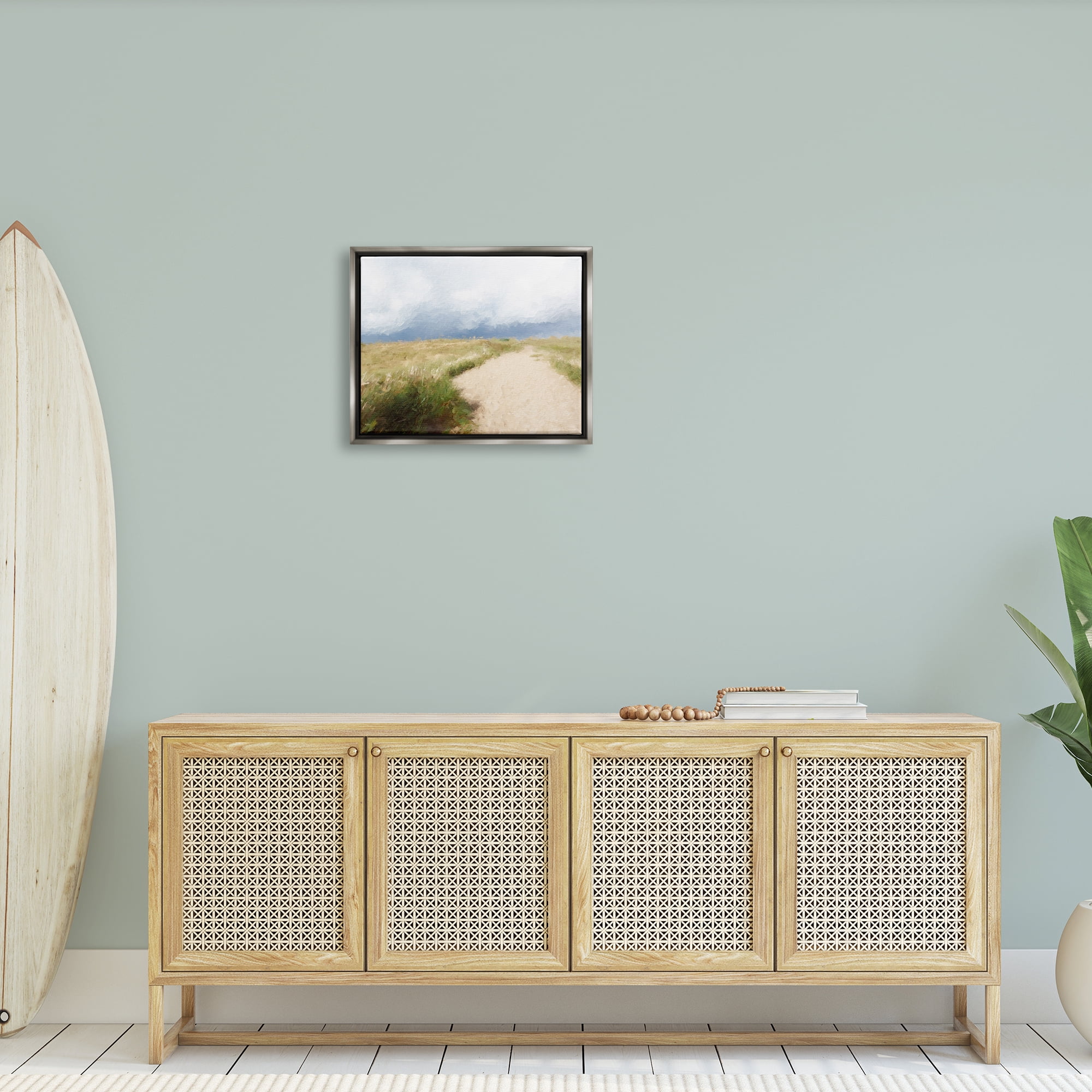 Stupell Coastal Sandy Path Cloudy Sky Landscape Painting Gray Floater Framed Art Print Wall Art