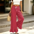 thumbnail image 5 of Sewkxo Womens Wide Leg Pants Drawstring Elastic High Waisted Ruffle Hem Palazzo Pants with Pockets,Red S, 5 of 6
