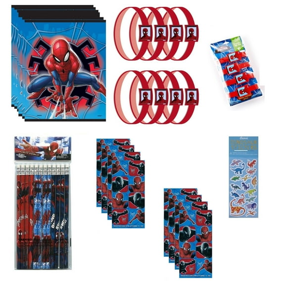 Spiderman Super Hero Birthday Party Supplies Bundle includes 8 Loot Bags, 8 Bracelets, 12 Pencils, 8 Sticker Sheets with Assorted Designs, 1 Dinosaur Sticker Sheet