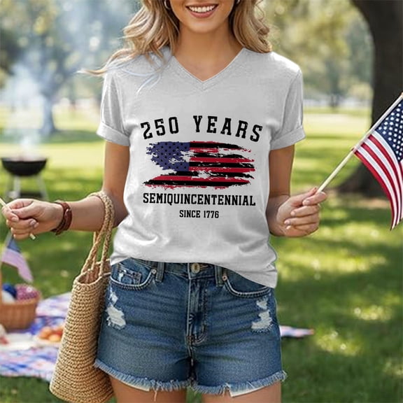 Conairie 250 Anniversary USA Shirt for Women American Falg Graphic V Neck Patriotic 1776-2026 July 4th T-Shirts Casual Short Sleeve Basic Blouses Vacation Clothes BK1 L