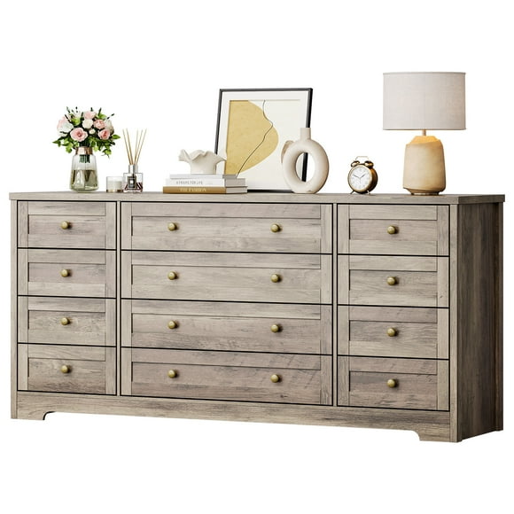 Commode Moderne en Bois Robuste à 12 Tiroirs pour Chambre - Grand Commode - Armoire de Rangement Polyvalente pour Salon, Couloir Ou Télé, Verticale jusqu'à 65 Pouces - Couleur Claire Antique