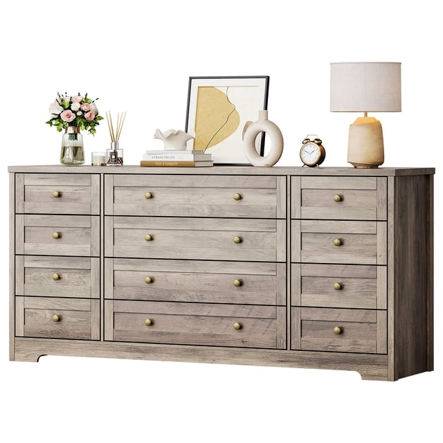 Cómoda moderna de madera maciza con 12 cajones - Amplio almacenaje y diseño contemporáneo para dormitorio, sala o pasillo - Apta como mueble TV hasta 65'' - 160x75 cm - Acabado en color antiguo claro