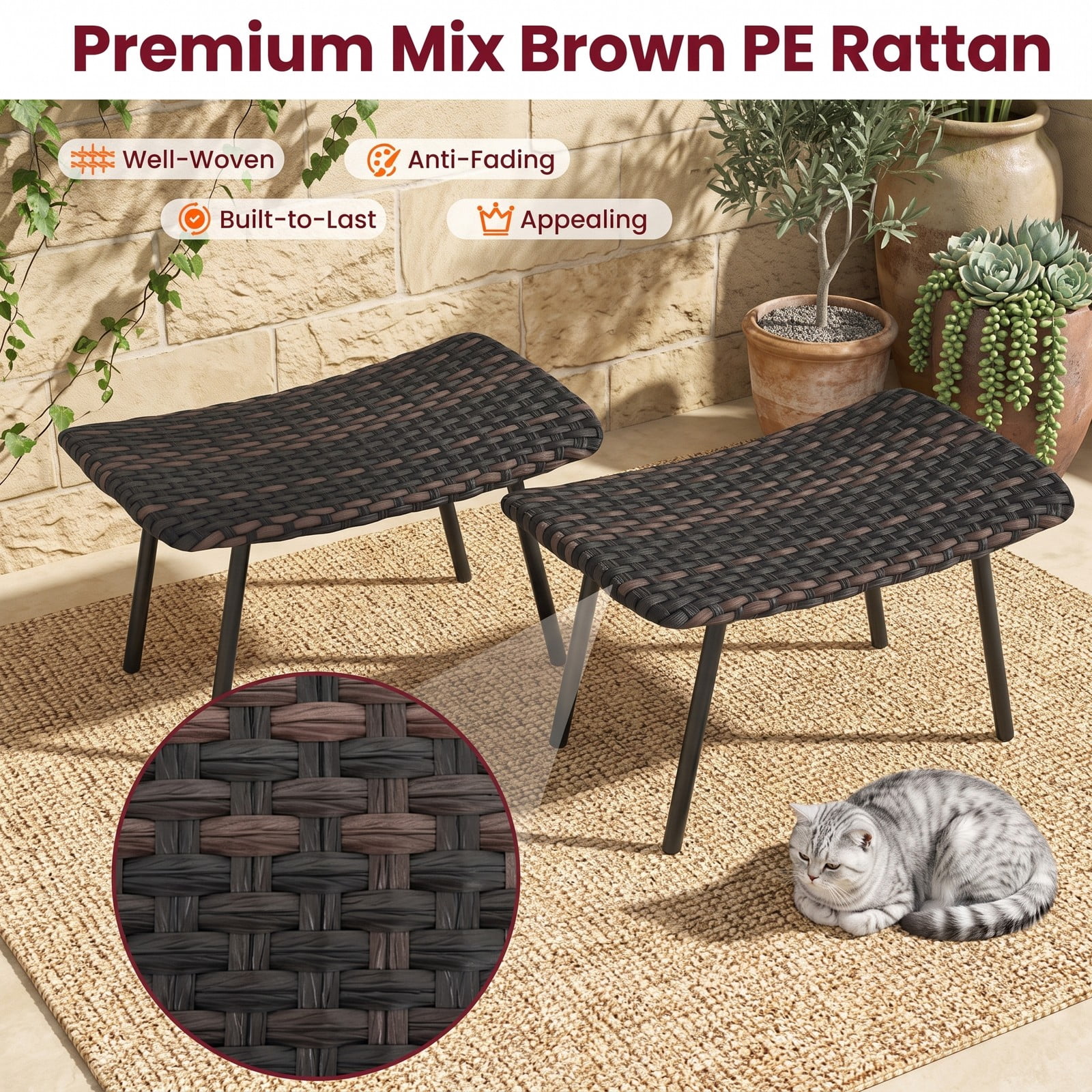 Furnibear All Weather Outdoor Ottoman Set of 2 PE Rattan Patio Footrest Stool Wicker Footstool Seat with Sturdy Metal Legs and Quick Dry Foam for Poolside, Mix Brown