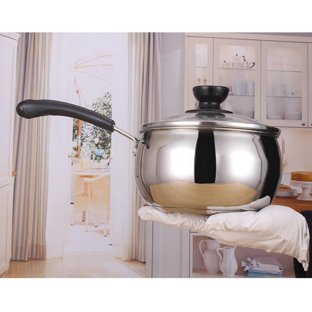 Olla de acero inoxidable para leche con doble fondo, 12 cm, para uso doméstico, con una sola manija, pequeña olla para sopa