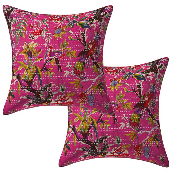 Stylo Culture Indian Decorative Throw Pillow Covers 16 x 16 Kantha Pink Printed 40 x 40 cm Bedroom Decor Pillowcase Cotton Bird Square Cushion Covers | Set Of 2