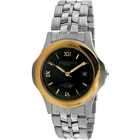 timetech steel 3608m men's two-tone black dial bracelet watch