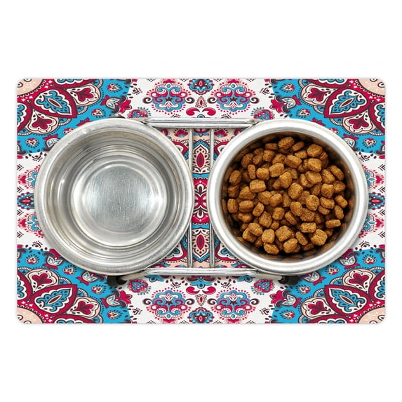 Ethnic Pet Mat for Food and Water, Oriental Style Floral Circles Paisley Retro Image in Pastel Colors, Non-Slip Rubber Mat for Dogs and Cats, 18" X 12", by Ambesonne