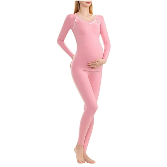 Rohuuque Women's Thermal Nursing Underwear Crewneck Long Sleeve Top with Warm Pants Pregnancy Sleepwear Maternity Pajama Set Pink