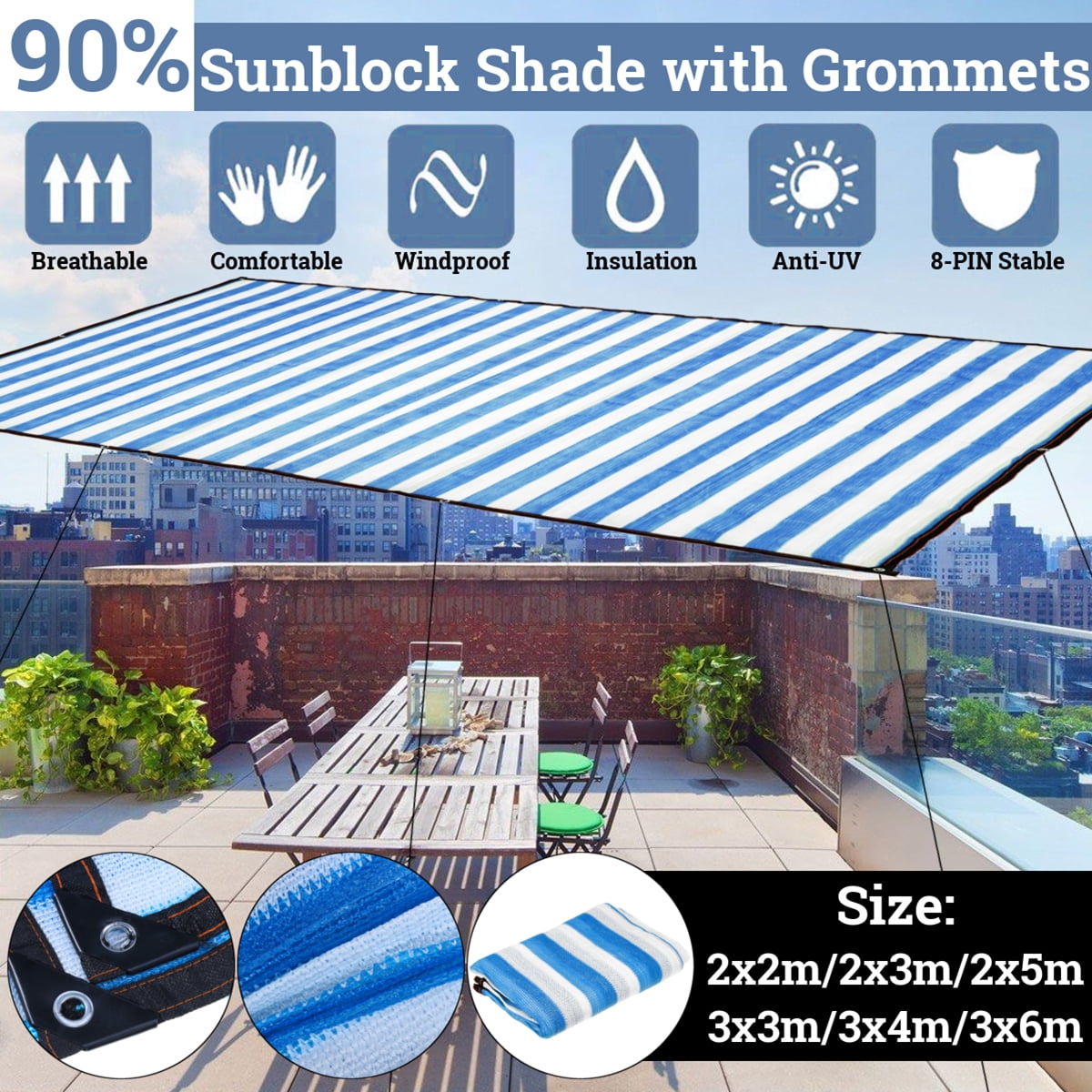 Shatex 90% Blue Color SunBlock Shade Cloth for Yard Pergola Canopy Various Size 
