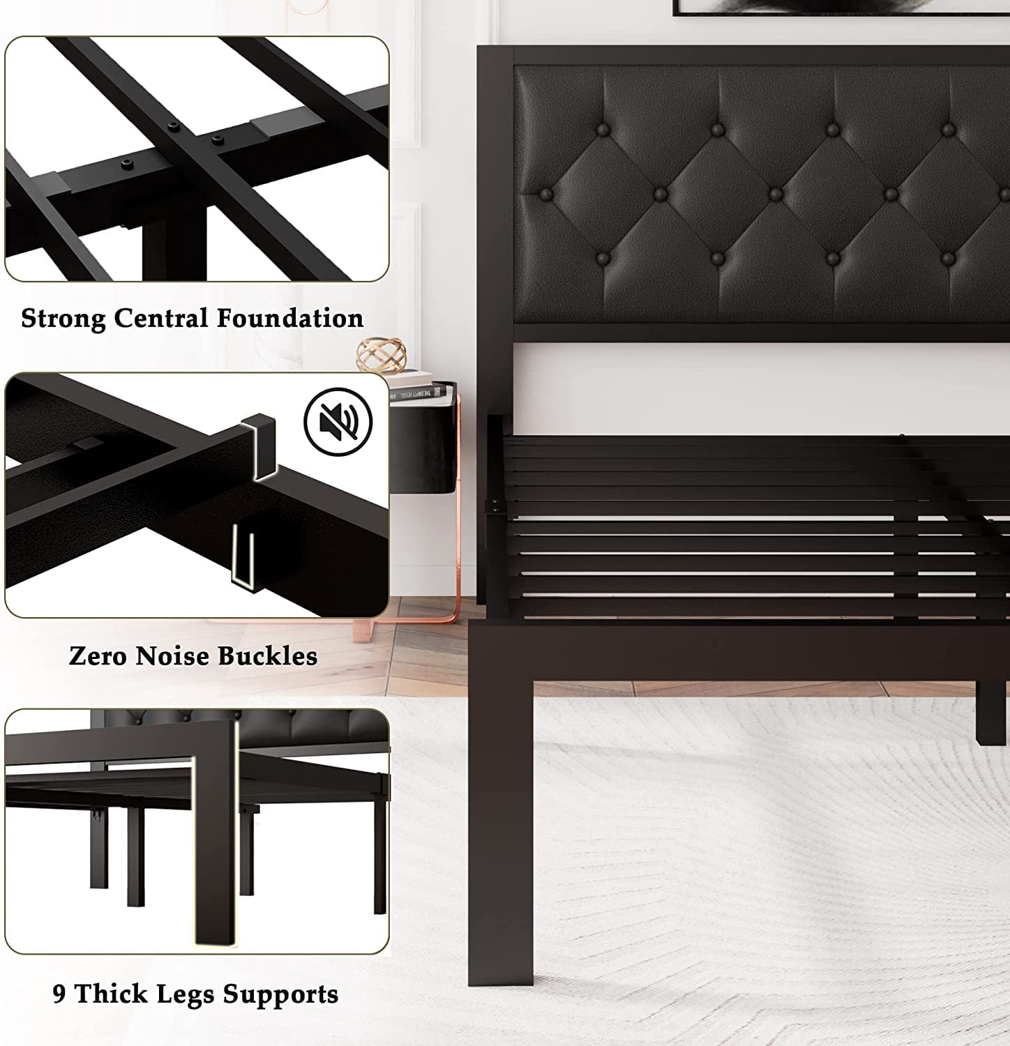 Honfach Queen Size Metal Platform Bed Frame with Faux Leather Upholstered Button Tufted Headboard, Mattress Foundation with 12” Storage, Steel Slats SupportNo Box Spring Needed, Easy Assembly, Black