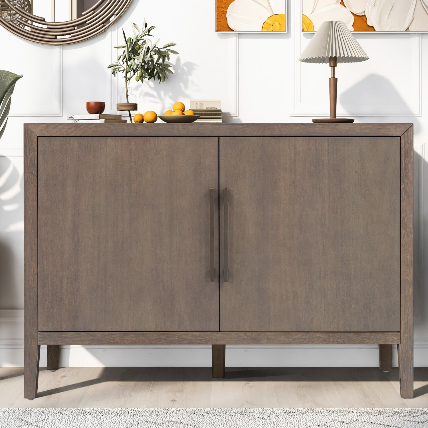 47.25" Farmhouse Sideboard Buffet Cabinet with Storage, 2 Door Wooden Coffee Bar Cabinet with Pine Veneer and Metal Handles for Kitchen, Living Room, Entryway, Brown