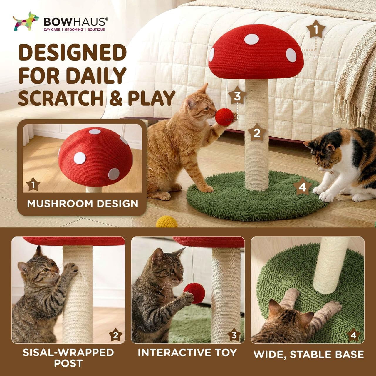 CAPHAUS Mushroom Cat Scratching Post, Mushroom Cat Scratcher with Sisal Rope and Interactive Hanging Ball, 20 Inch Scratching Post for Indoor Cats and Kittens