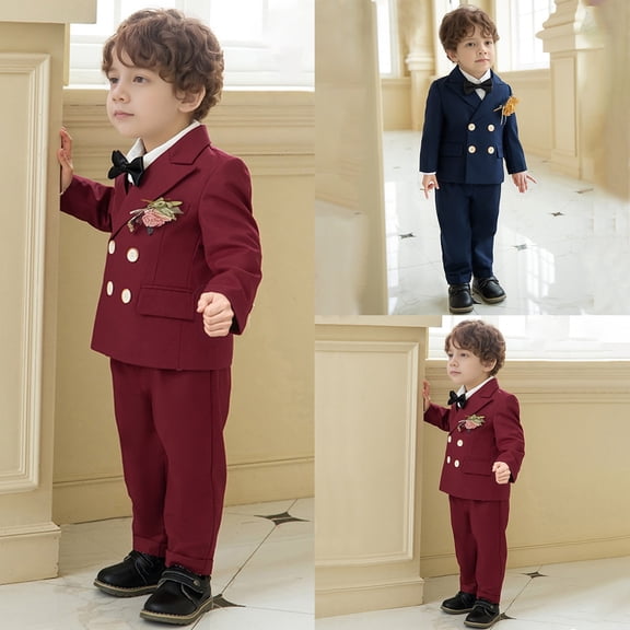 Toddler Summer Outfits 5 Piece Solid Print Lapel Long Sleeve Shirt And Vest And Pants And Suit formal Boys' Clothing Sets Brick Red 3 Years-4 Years