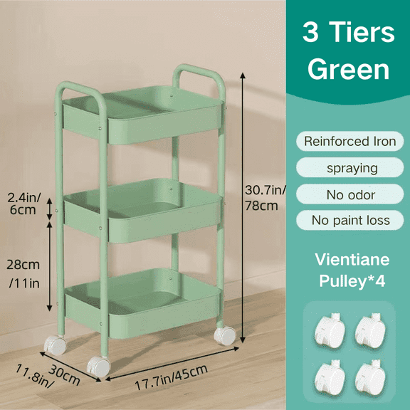 FTCBJJA Carbon Steel Storage Cart, 3-Tier Rolling Storage Mobile Utility Cart, Living Room, Kitchen Sorting Metal Storage Organizer Green