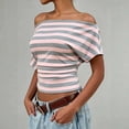 thumbnail image 5 of yillto Women off Shoudler Tops Striped Short Sleeve Shirts Casual Tunics Tees Ruched Slim Fashion Outfits, 5 of 7