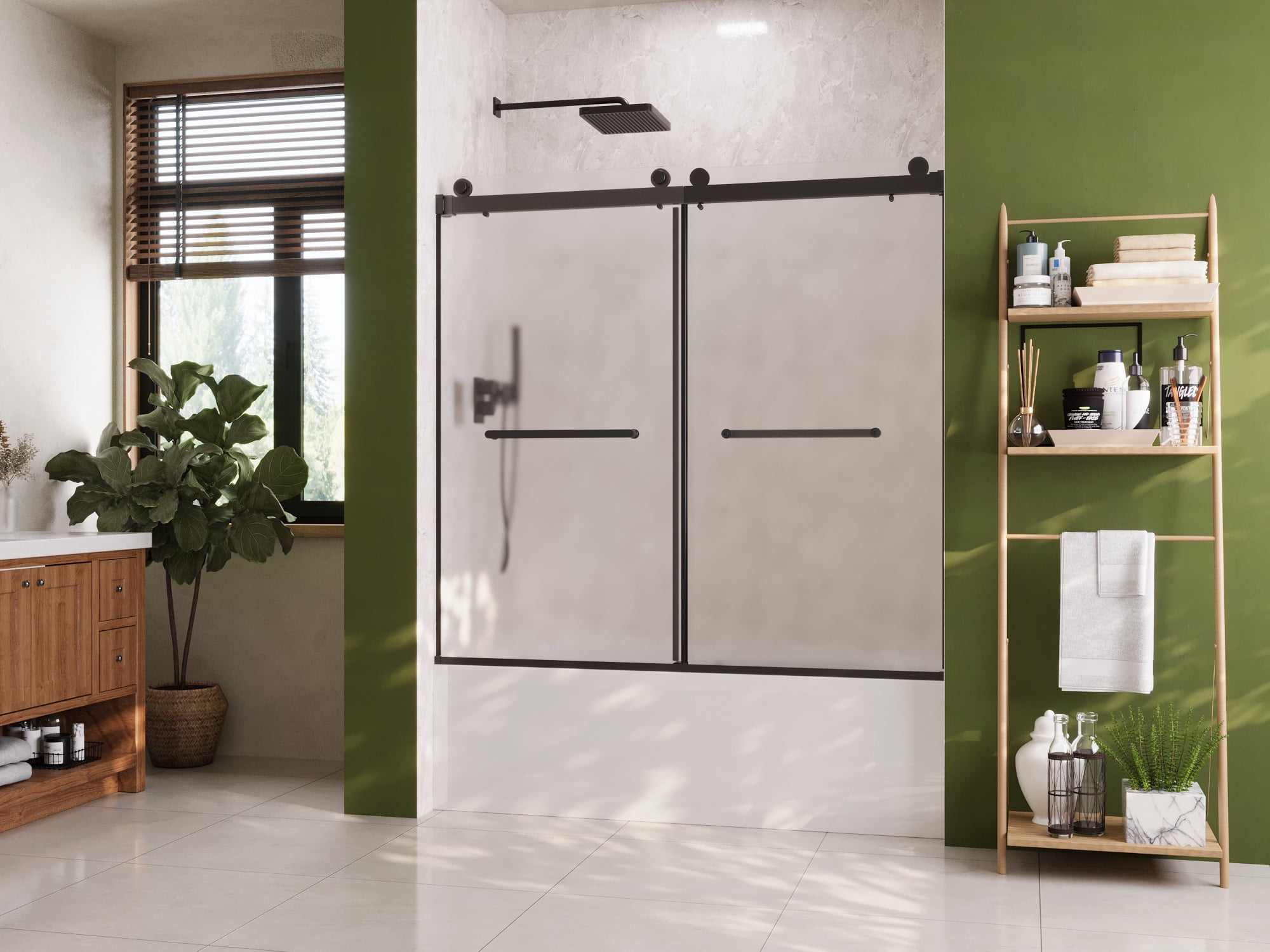 57-59 in. W x 59 in. H Double Sliding Frameless Bathtub Door in Matte Black with 3/8 in. (10 mm) Frosted Glass