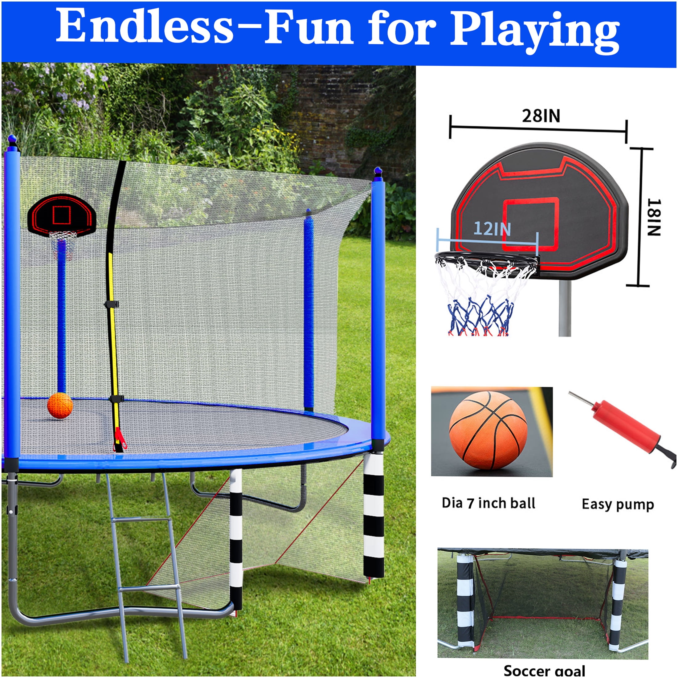 JERFIT 16FT Trampoline with Enclosure Net, Basketball Hoop, Soccer Goal, Ladder & Pump - All-in-One Outdoor Play Center for Kids, Blue