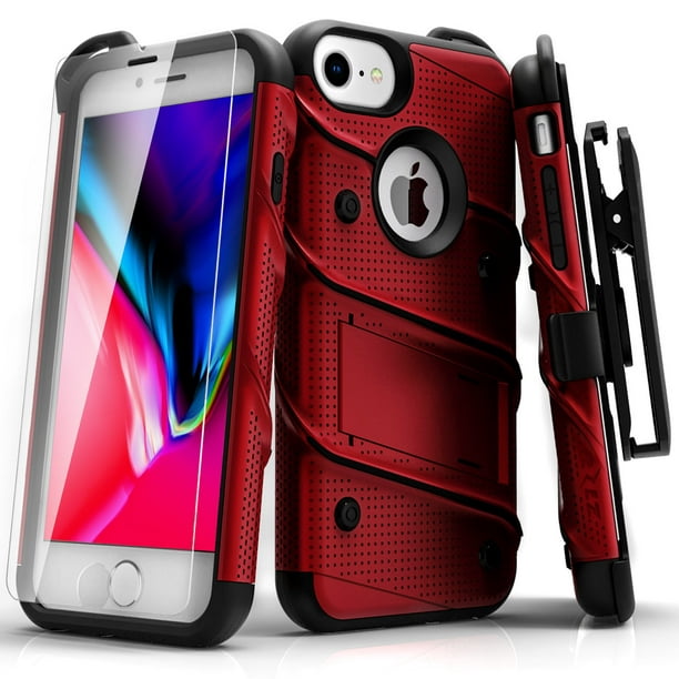 ZIZO BOLT Series for iPhone SE (3rd and 2nd gen)/8/7 Case with Screen  Protector Kickstand Holster Lanyard - Red & Black