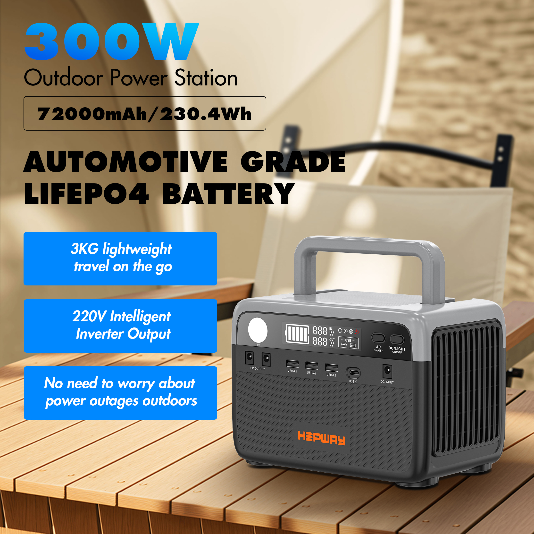 Hepway H30 Portable Power Station,300W Solar Generator,288Wh  LiFePO4 Battery,2 AC 120V Outlets,PD 100W USB-C Output w/ LED, 90000mah Power Bank for Hurricane Emergency Outdoor Camping RVs Home Use