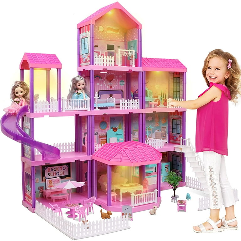 TEMI Doll House Girls Toys - 4-Story 12 Rooms Playhouse with 2 Dolls Toy  Figures, Fully Furnished Fashion Dollhouse, Pretend Playhouse with