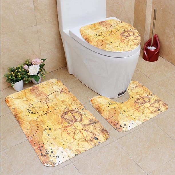 ABPHQTO Isla Mapa Antiguo Tesoro Mapa Grunge Estilo Oxidado Pergamino Historia Tema Boho De Juego de alfombras de baño de 3 piezas Alfombra de baño Alfombra de contorno y tapa de inodoro