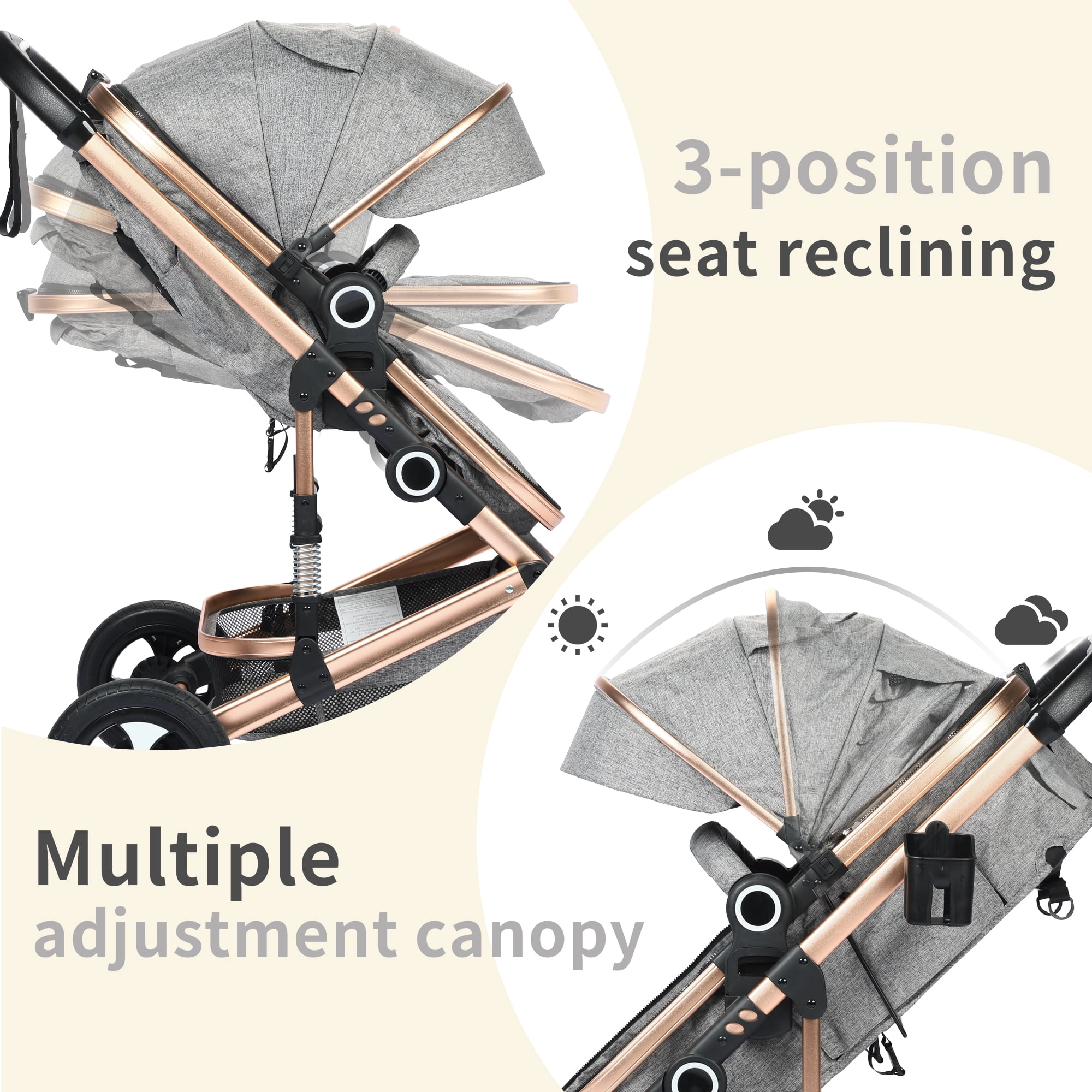 AILEEKISS 3-in-1 Convertible Baby Stroller with Big Seat and Adjustable Canopy, 24 Pounds, Rose Gold