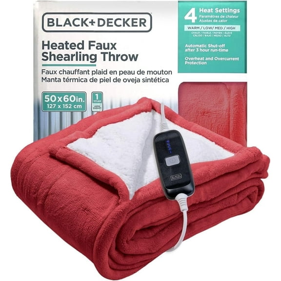 BLACK DECKER Heated Blanket Electric Throw, 4 Heating Levels, 3H Timer, Auto Shutoff, 50x60 inches, Faux Shearling, Maroon