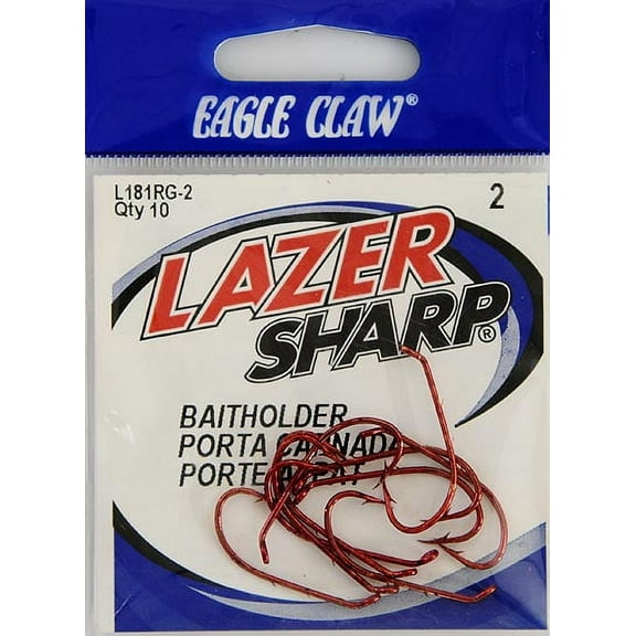 Lazer Sharp L181RGH-2 Baitholder Down Eye Offset Hook, Red, Size 2, 10 Pack