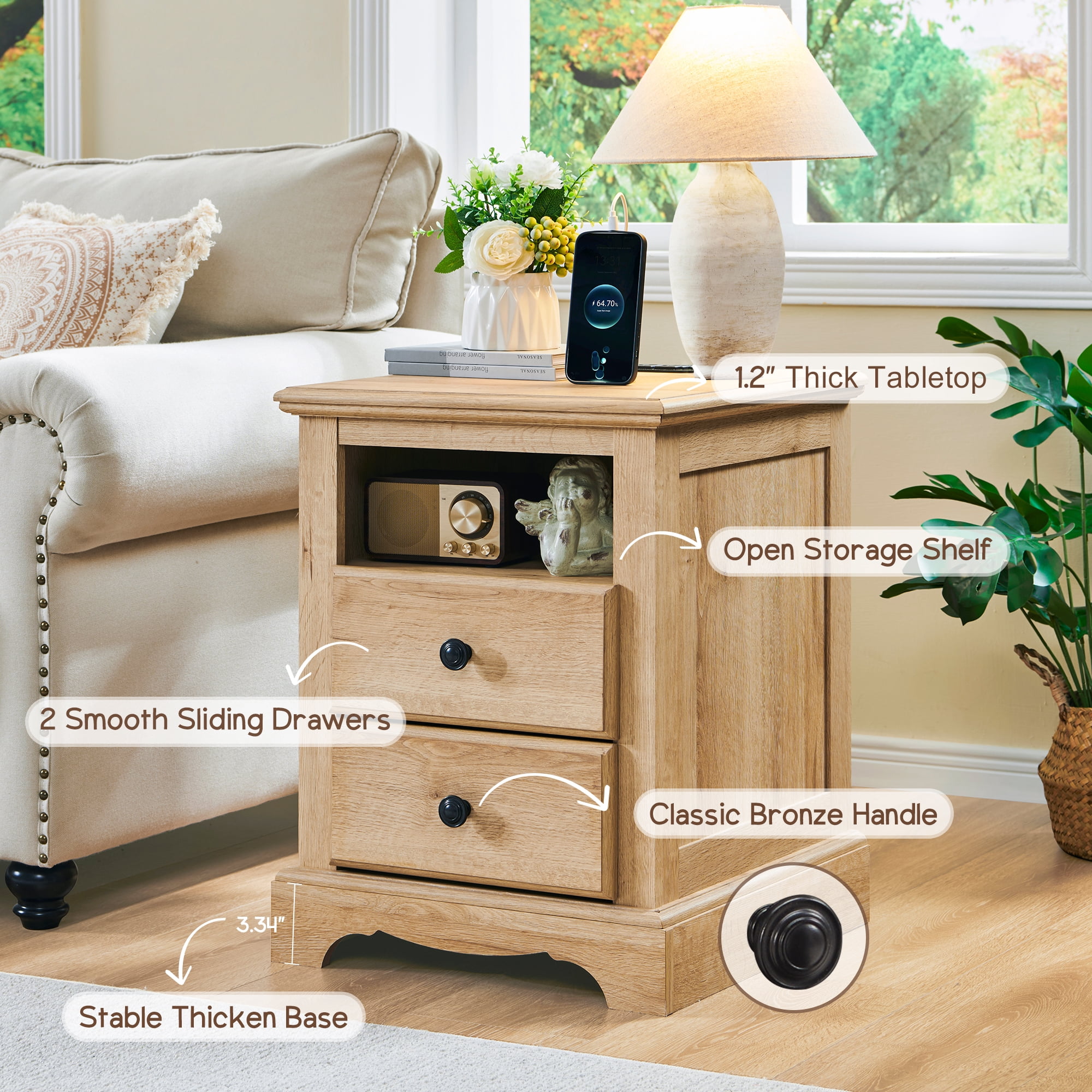 OKD Nightstand with Charging Station, End Table with 2 Drawers, Wood Rustic Bedside Tables with Open Storage Shelf，Natural Oak