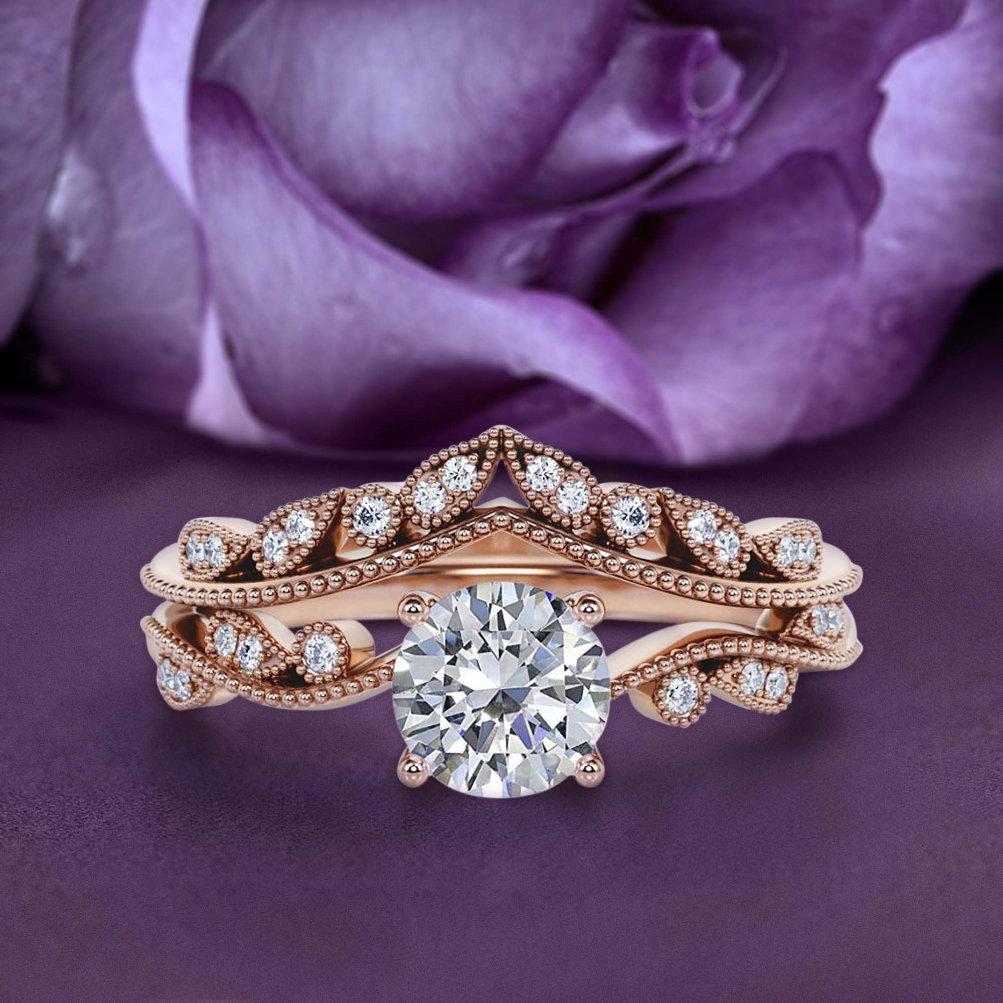 Engagement Diamond Ring Set  Round Diamond With Cushion Shape Halo Ring Set  Birthday Gift  Valentine Ring For Her  Promise RIng Set