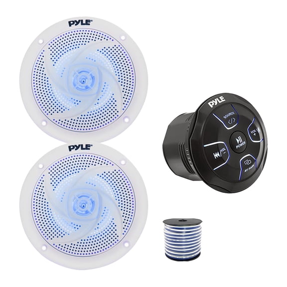 Pyle PLMRBT20 Marine 4-Channel Amplified Wireless Bluetooth Audio Controller, 2x 8'' 320 Watt Max Power Marine Low Profile 2-Way Blue Flashing LED Speakers (White) w/Wire