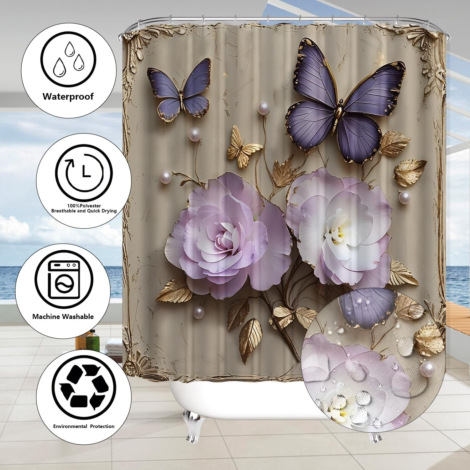 4Pcs Spring Themed Shower Curtain Set with Rugs Vintage Butterflies Bathroom Sets Floral Shower Curtain with 12 Hooks Bathroom Decor with Rugs Bath Accessories with Mats Toilet Lid Cover