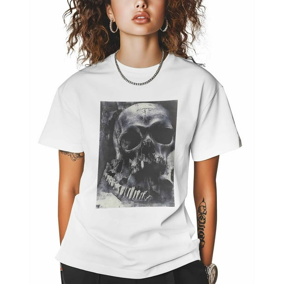 T Shirts for Women Short Sleeve Cotton Crewneck T-Shirt, Skull Graphic Horror Art Tee Tops Casual Basic T-Shirts, XS-5XL White L