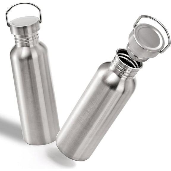 2 Pack Stainless Steel Sports Water Bottles, 26OZ Single Walled 18/8 Stainless Steel Water Bottle with Handle, Uninsulate Metal Water Bottle for Cyclists, Runners, Hikers, Beach Goers, Picnics