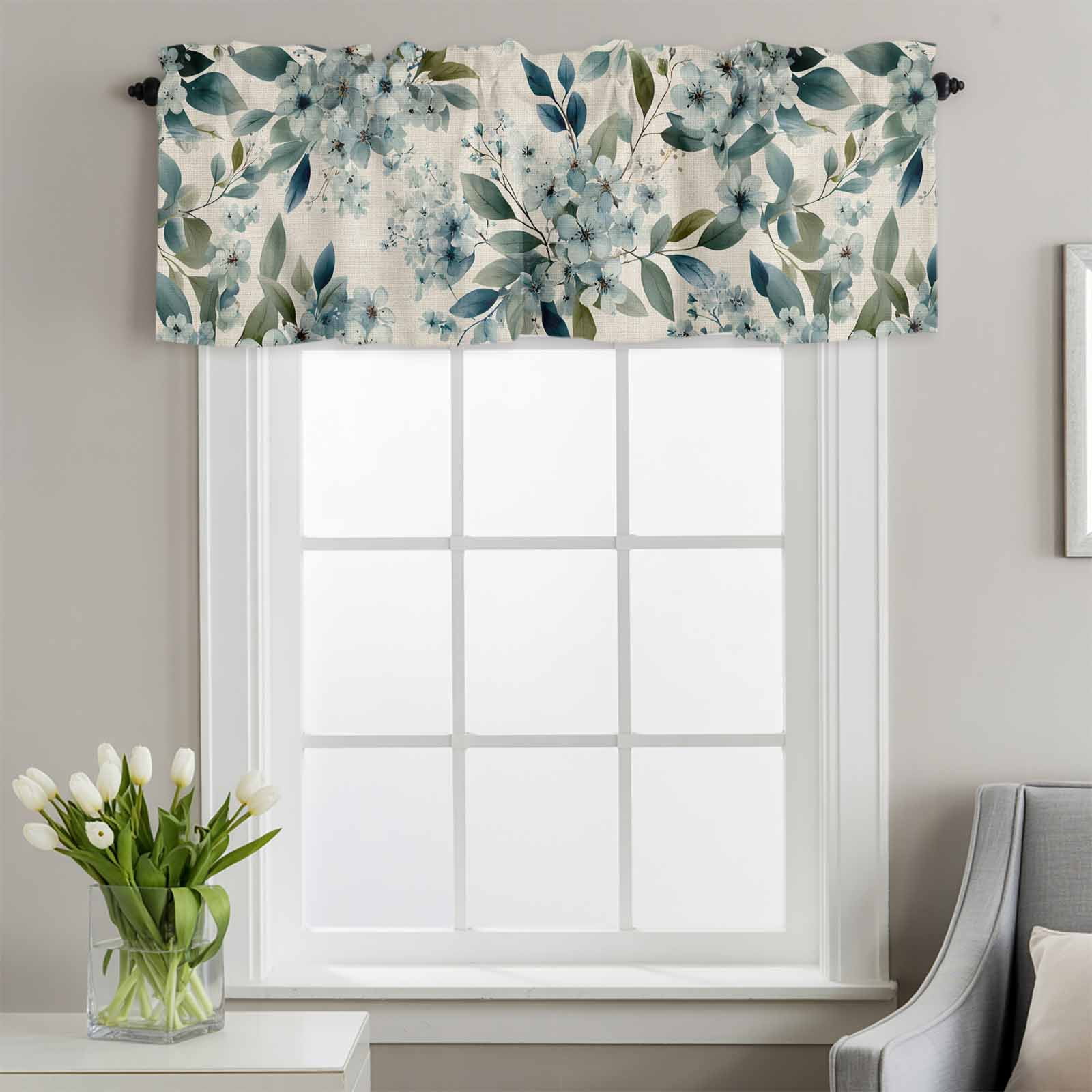 Blue Flower Window Valance for Kitchen, Watercolor Spring Blue Floral Green Leaf Botanical Linen Texture Rod Pocket Short Curtain for Small Windows, Light Filtering Decorative Valance, 60 x 18 Inch