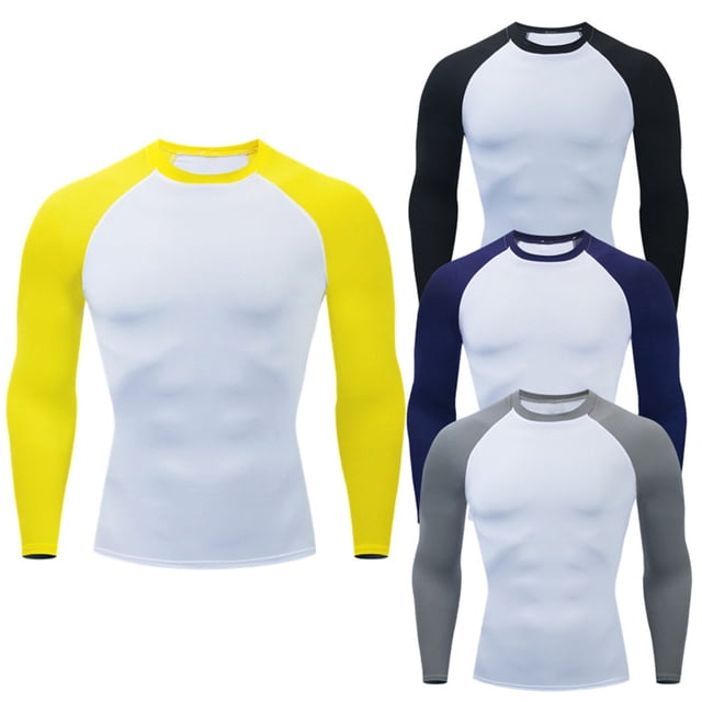 BADHUB Men's Quick Dry Compression T Shirt Contrast Color Raglan Sleeve Stretch Training Tees Long Sleeve Crew Neck Tight Gym Fitness Tops Black XL