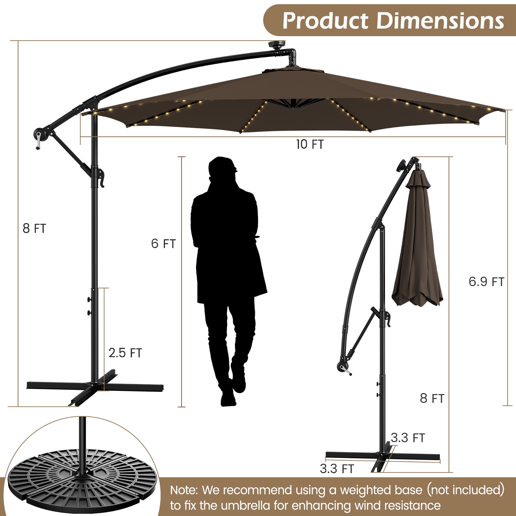Costway 96" Coffee Rectangle Cantilever Patio Umbrella, Fade Resistant