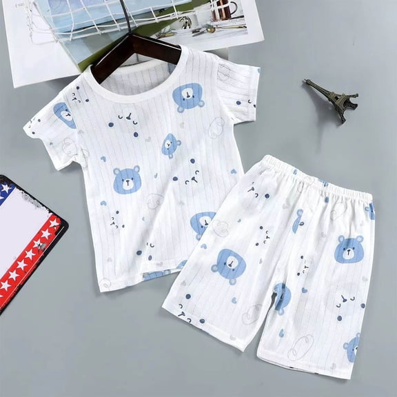 Mgmyaa Unisex Kids Bear Print Short Sleeve Crew Neck Top and Shorts 2-Piece Pajama Set for Kids Ages 1-8