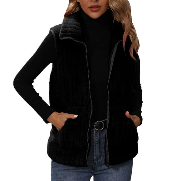 Virmaxy Womens Winter Sherpa Fleece Vest Solid Color Faux Shearling Pit-stripe Coat with Pocket Sleeveless Full Zip up Lapel Plush Jacket Warm Winter Coat Outerwear Black L